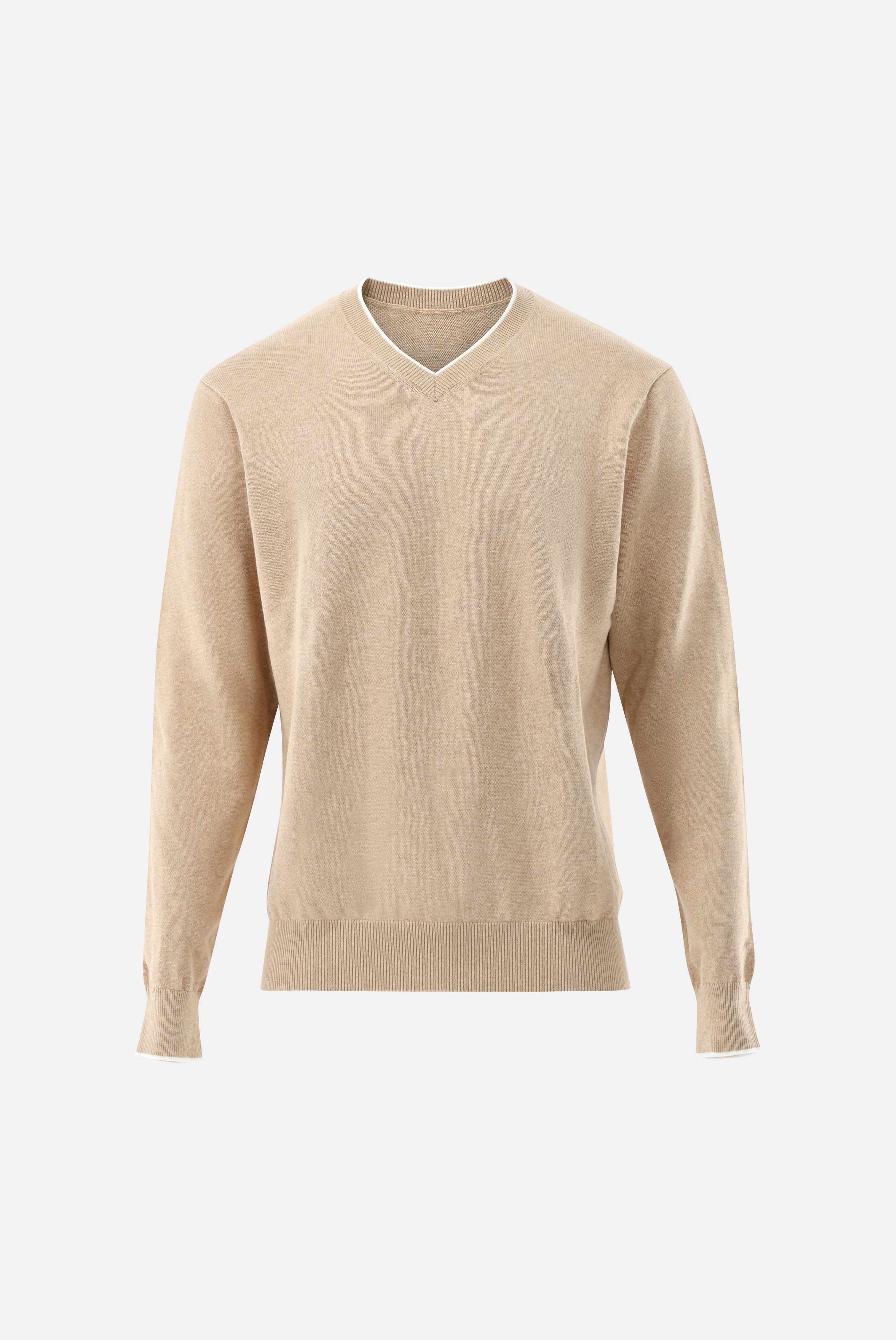 Áo chui đầu cổ V Hỗn hợp cashmere mùa hè và cotton, Subtle sọc viền